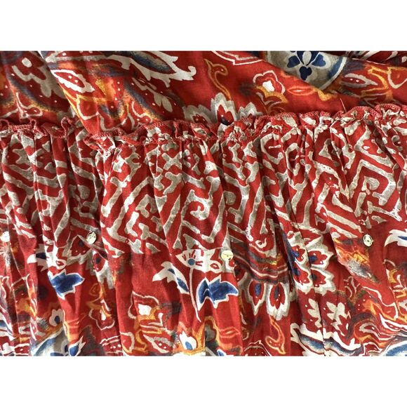 Boho Red Paisley Patchwork Maxi Skirt Tiered Crinkle Elastic Waist size Large - Picture 5 of 8